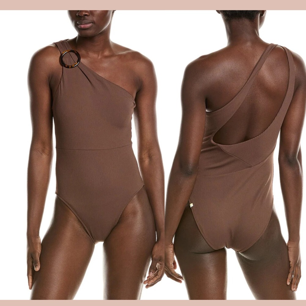summersalt One-Shoulder Brown Ribbed One-Piece Swimsuit with Ring Detail